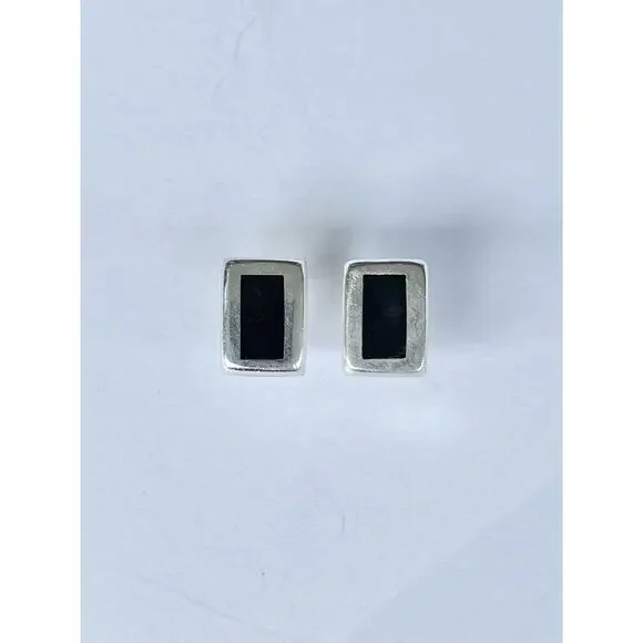 1960s Taxco TA-142 925 Silver & Black Onyx Baguette Rectangle Post Stud Earrings - Picture 2 of 8